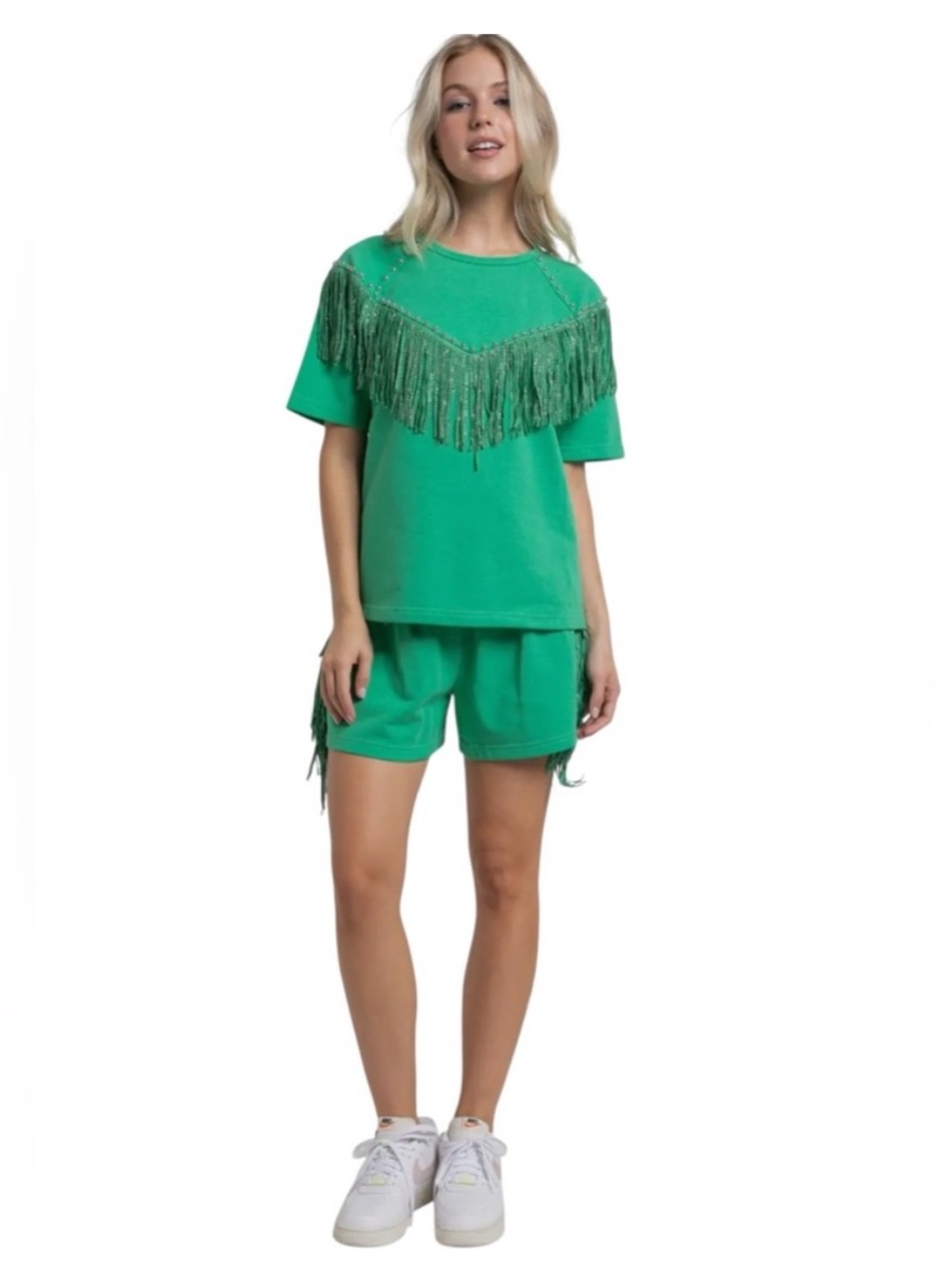 NEW blue b Green Rhinestone Fringe Trim Comfy Western Terry T-shirt & Short Set